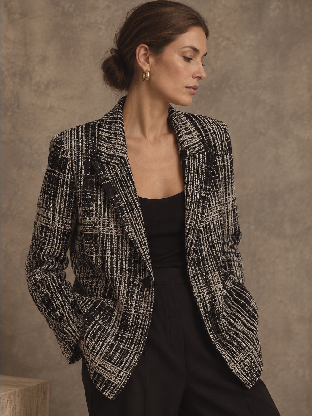 St. John Black White Tweed Knit Wool Blend Blazer Jacket Size 16